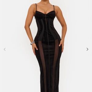 Black Mesh-Panel Satin Maxi Slip Dress